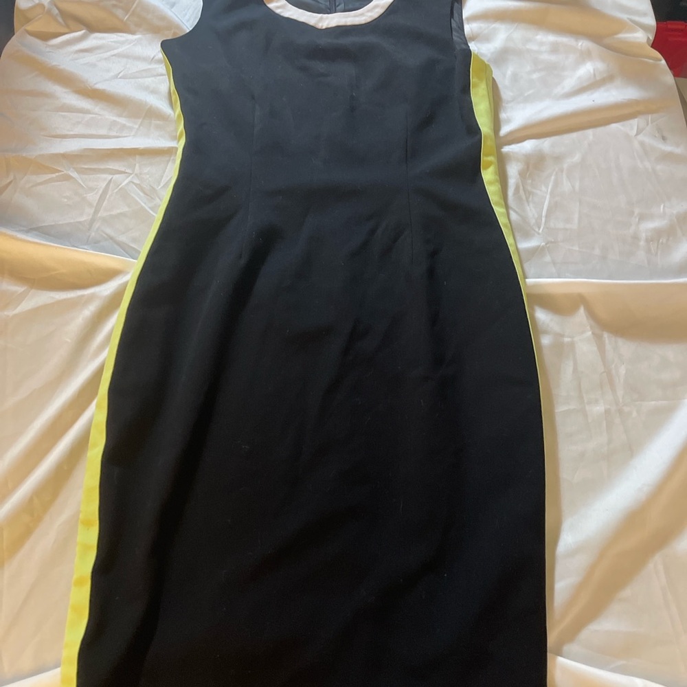 Calvin Klein Black Sheath Dress Sleeveless Neon Yellow Side Panel Knee Length - Picture 4 of 9